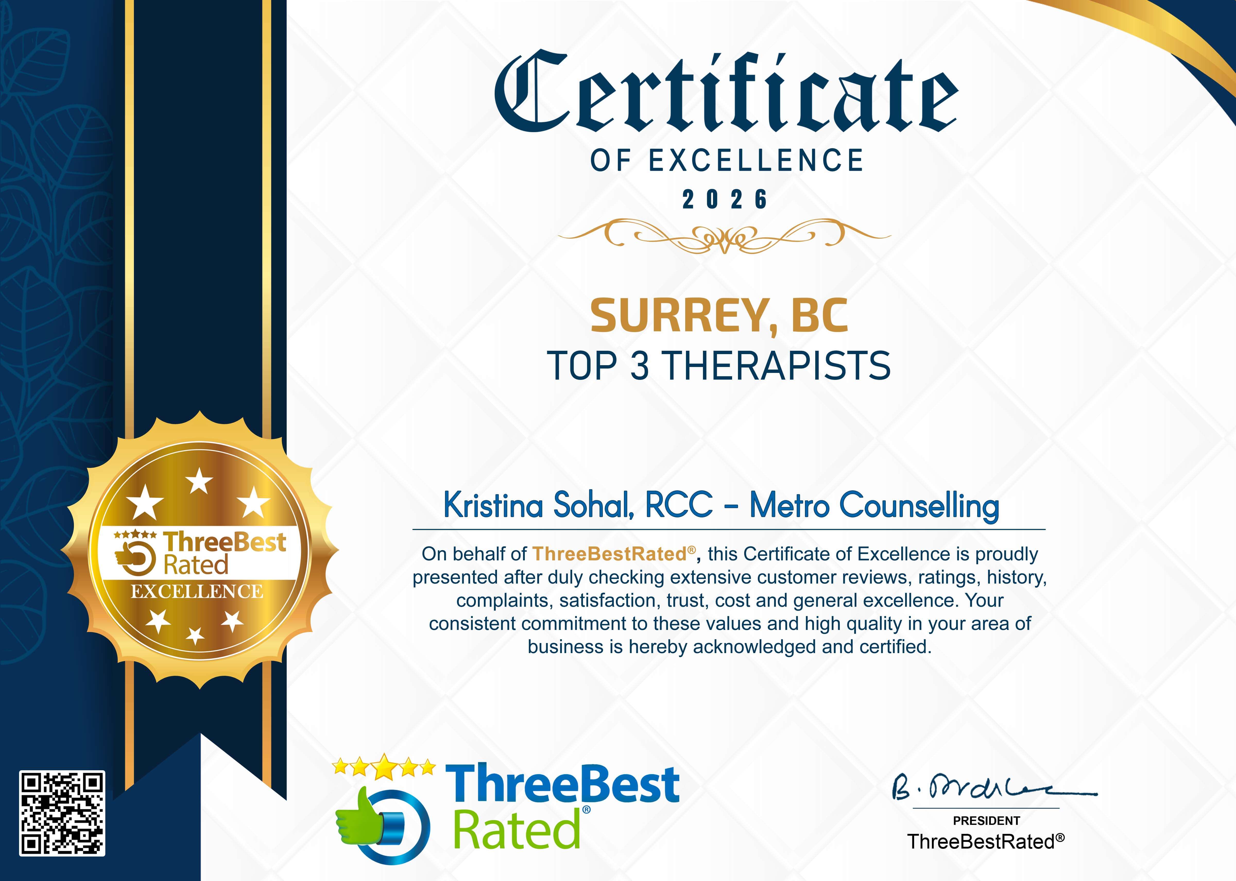 Certificate of Excellence 2026 - Surrey, BC Top 3 Therapists - Kristina Sohal, RCC - Metro Counselling